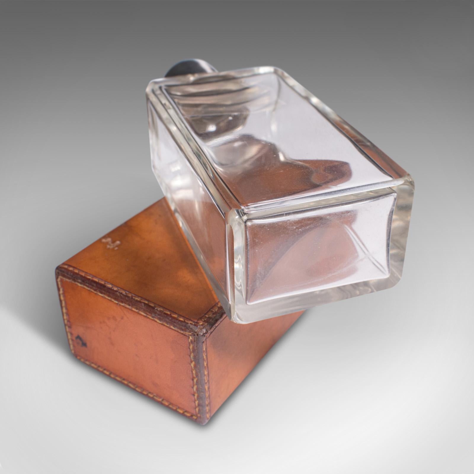Antique Desk Flask, English, Glass, Leather, Drinking Bottle, Edwardian, Travel For Sale 6