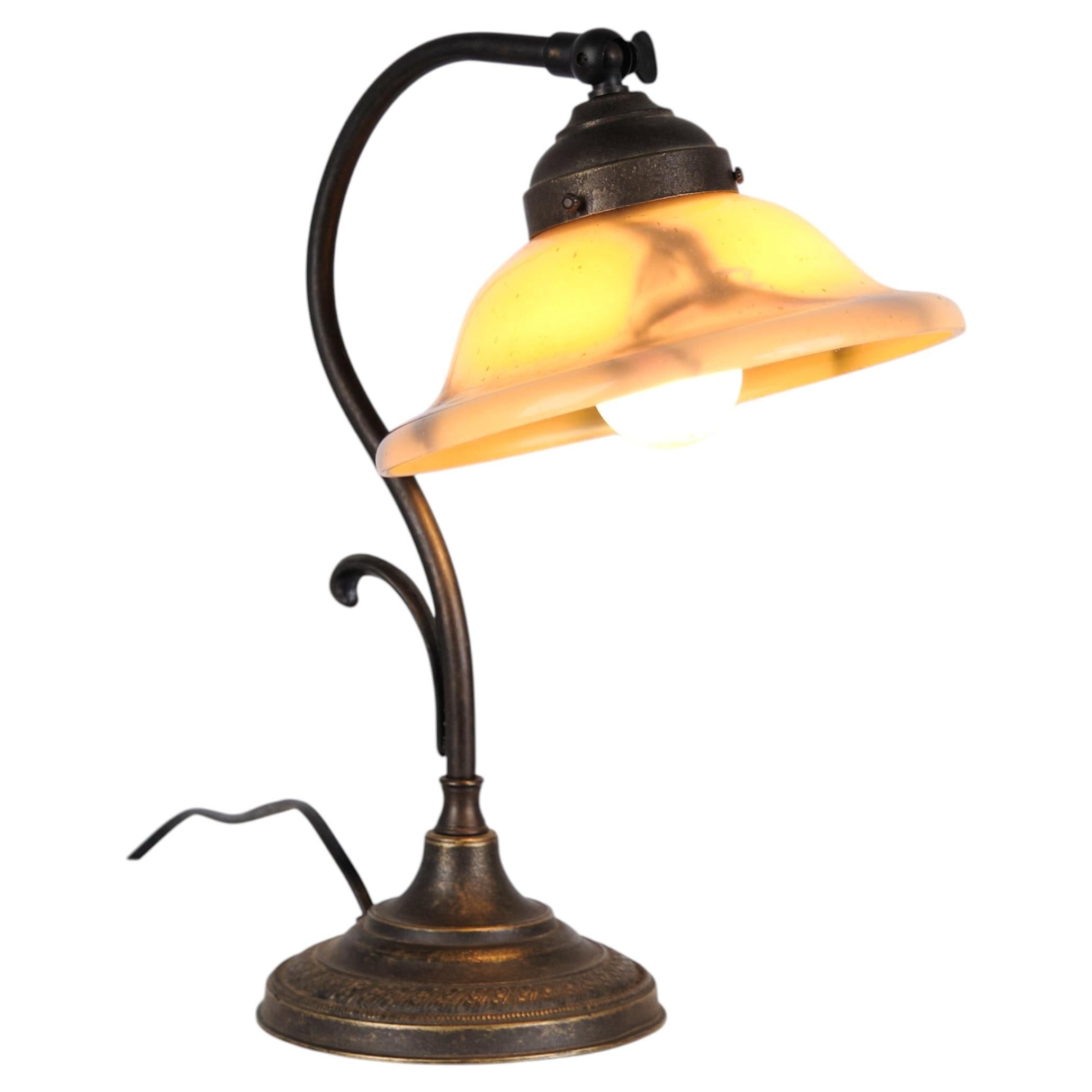 Antique Desk Lamp in Wrought Iron with Yellow Frosted Glass Shade in Art Nouveau