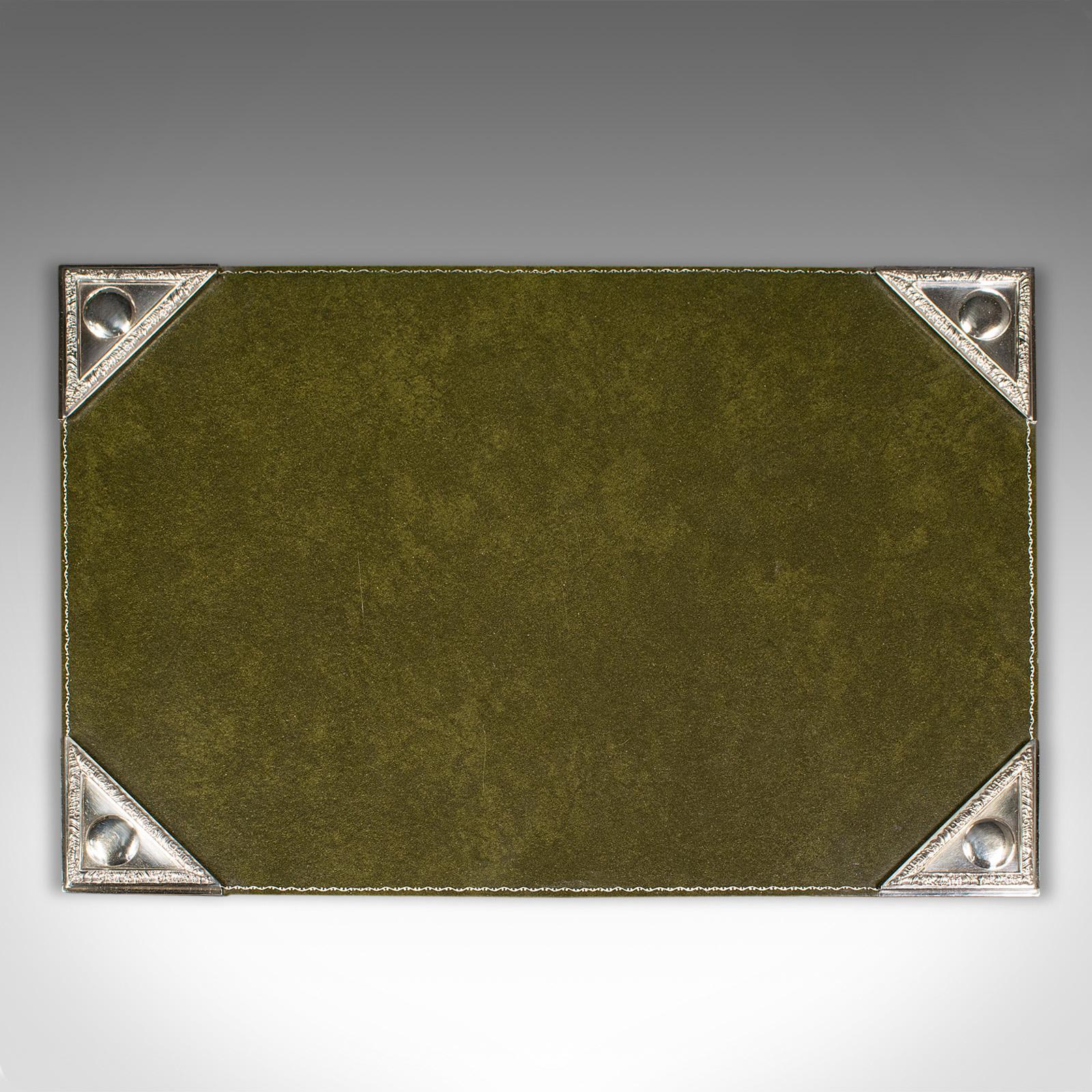 British Antique Desk Pad, English, Leather, Silver Plate, Writing Blotter, circa 1920