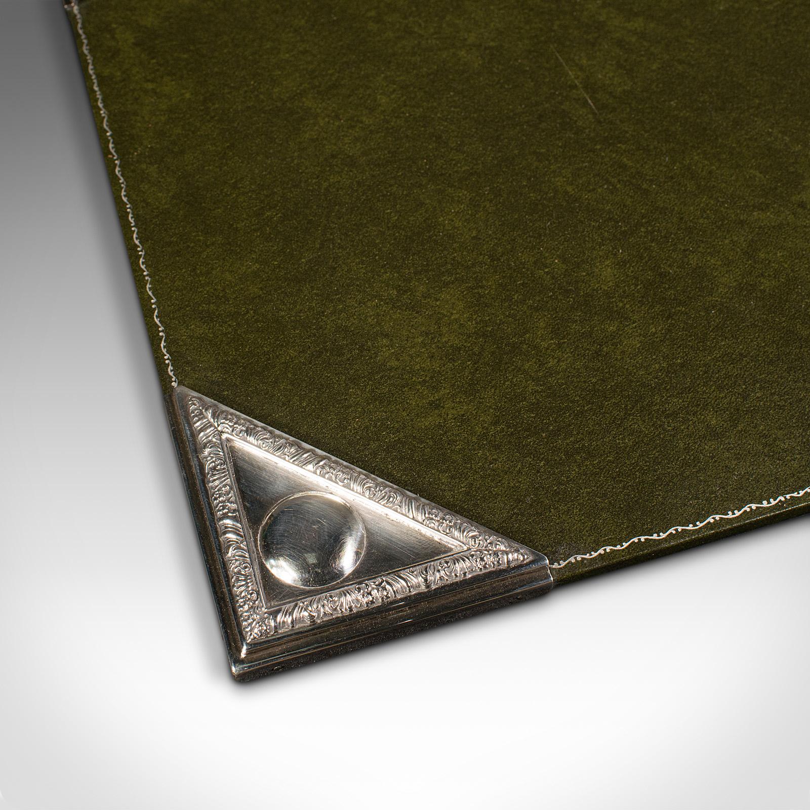 British Antique Desk Pad, English, Leather, Silver Plate, Writing Blotter, circa 1920