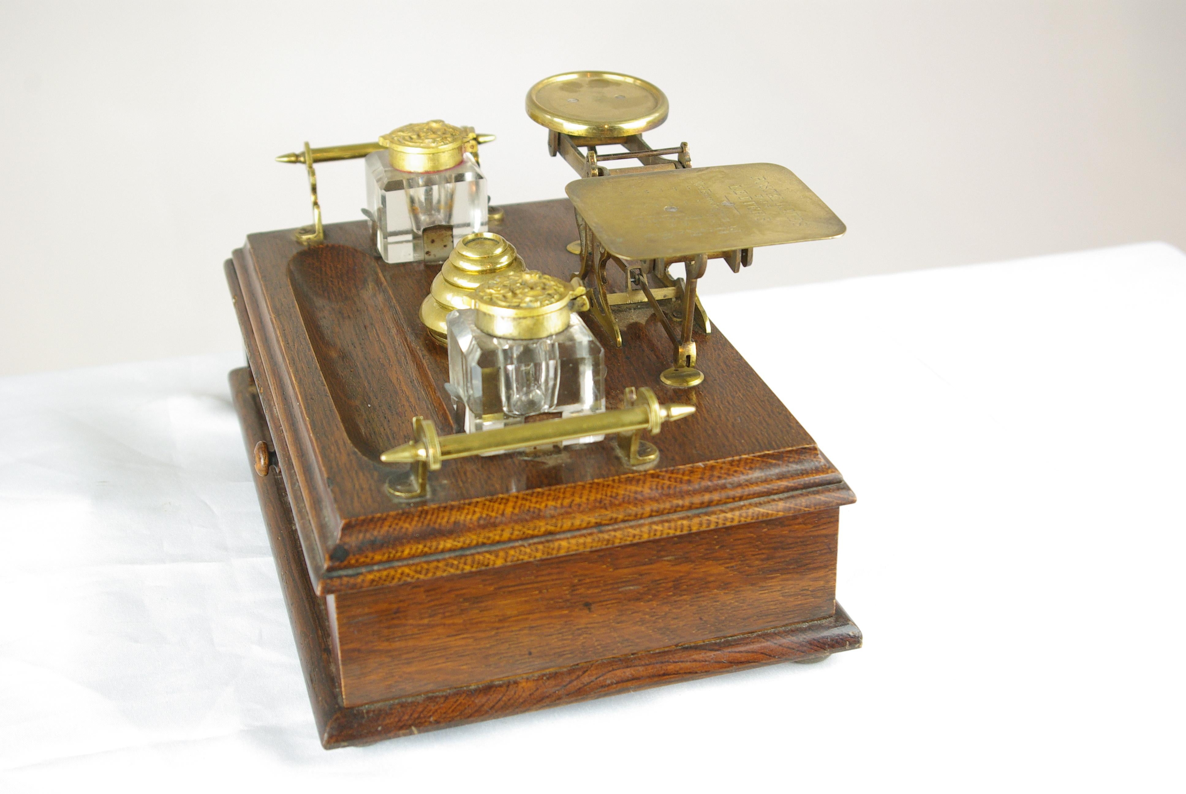 Hand-Crafted Antique Desk Set, Scottish Victorian Inkstand, Postal Scale, and Weights, B1430C