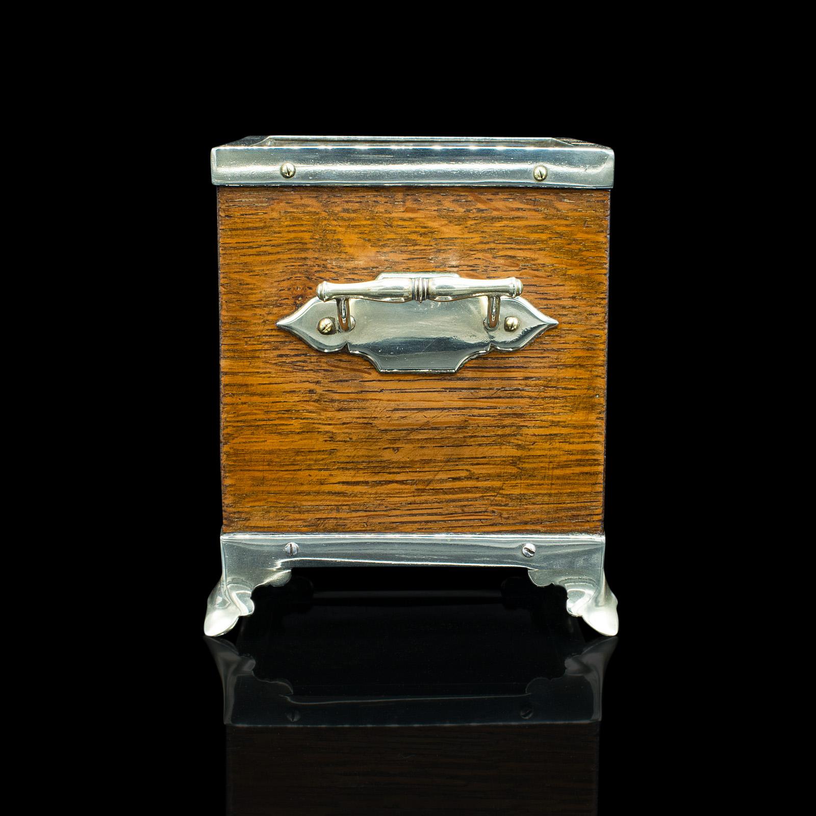 20th Century Antique Desk Tidy, English, Oak, Silver Plate, Decorative Box, Edwardian, C.1910 For Sale