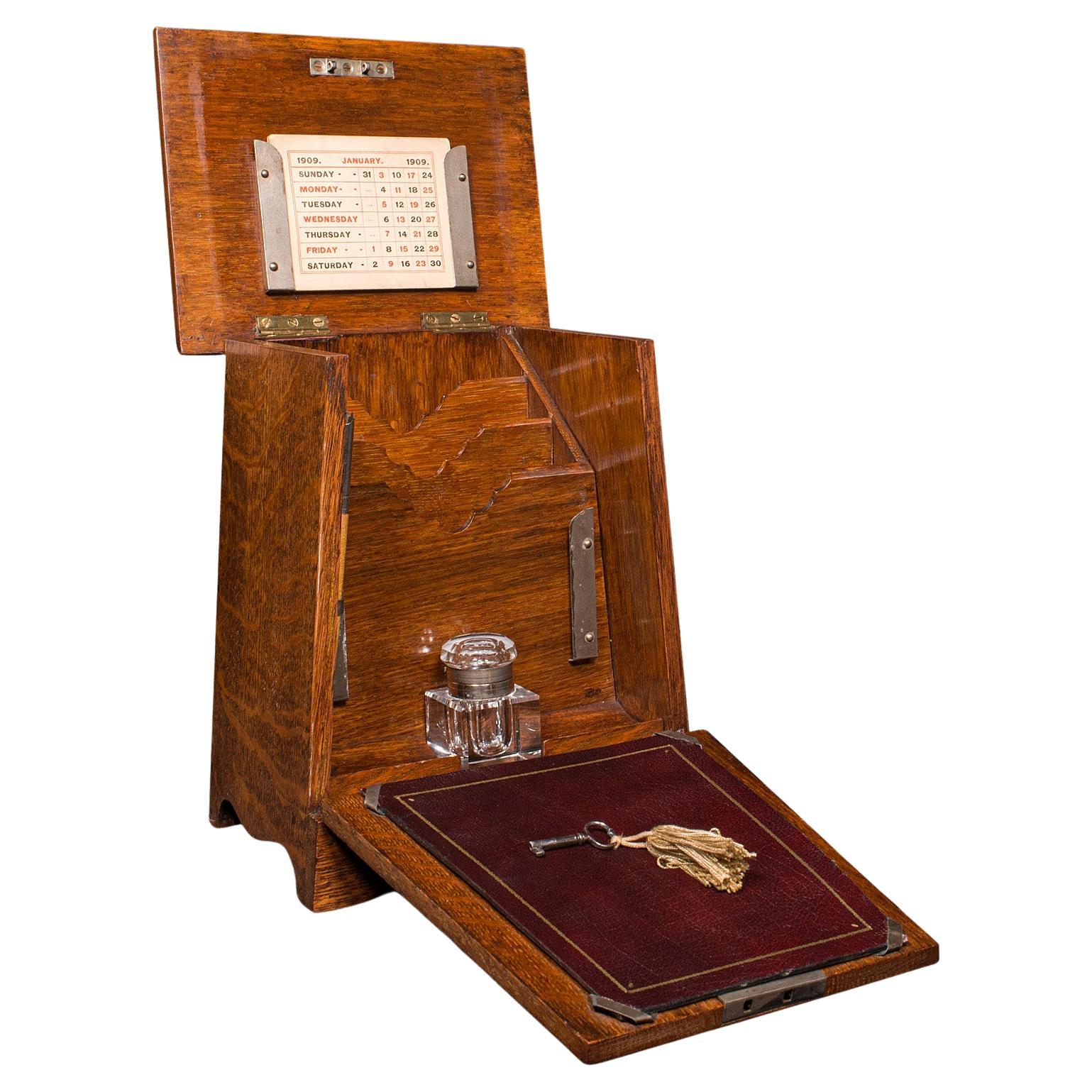 Antique Desktop Stationery Box, English, Oak, Arts & Crafts, Victorian, C.1890 For Sale