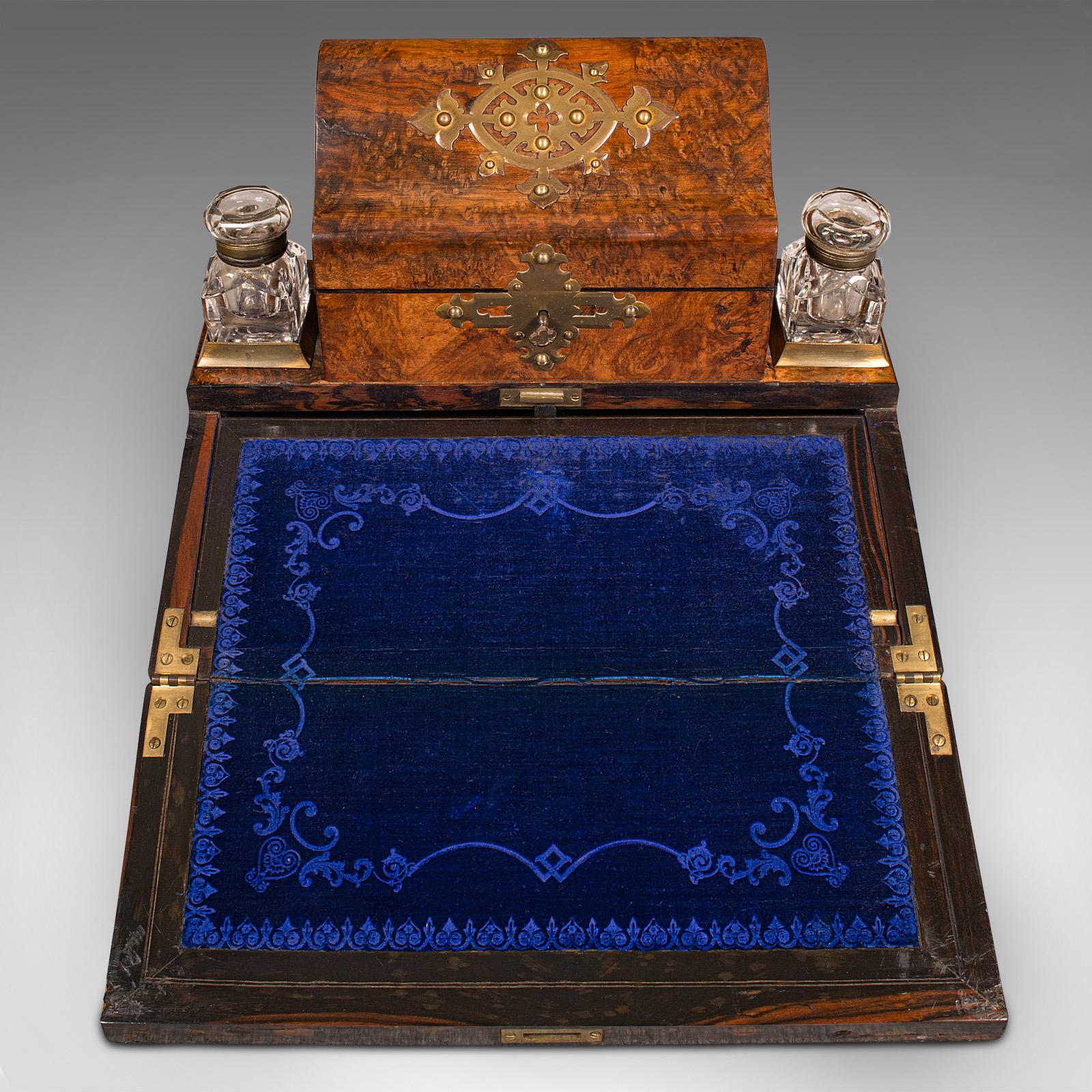 Antique Desktop Writing Slope, English Burr Walnut Correspondence Box, Victorian For Sale 4