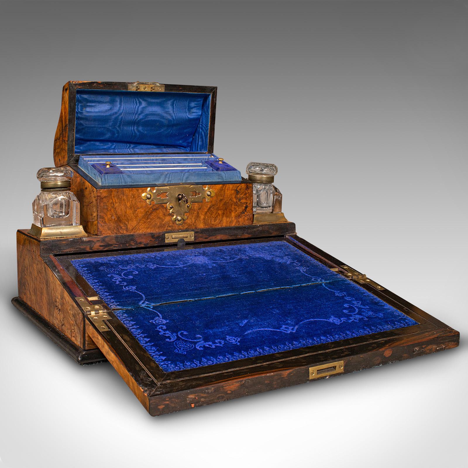 This is an antique desktop writing slope. An English, burr walnut and brass correspondence box, dating to the mid Victorian period, circa 1860.

An attractive and delightfully appointed slope for the desktop
Displays a desirable aged patina and in