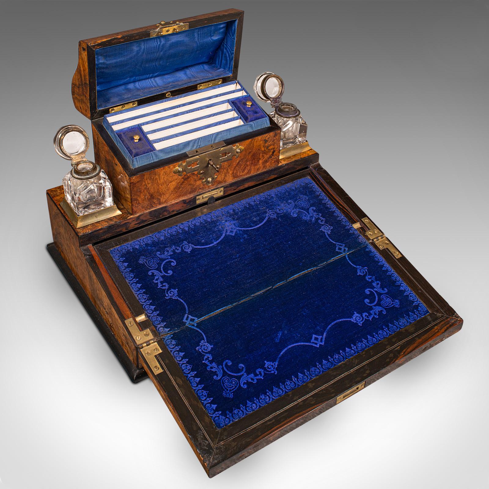 Antique Desktop Writing Slope, English Burr Walnut Correspondence Box, Victorian For Sale 2