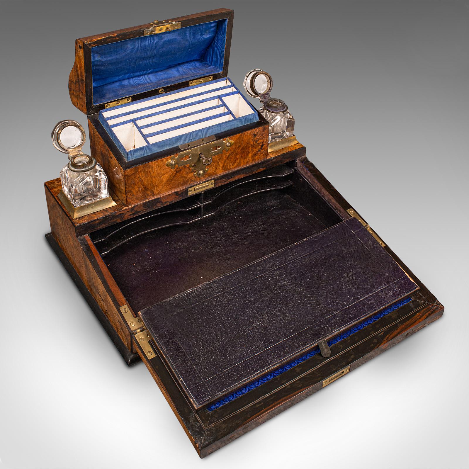 Antique Desktop Writing Slope, English Burr Walnut Correspondence Box, Victorian For Sale 3