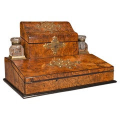 Antique Desktop Writing Slope, English Burr Walnut Correspondence Box, Victorian