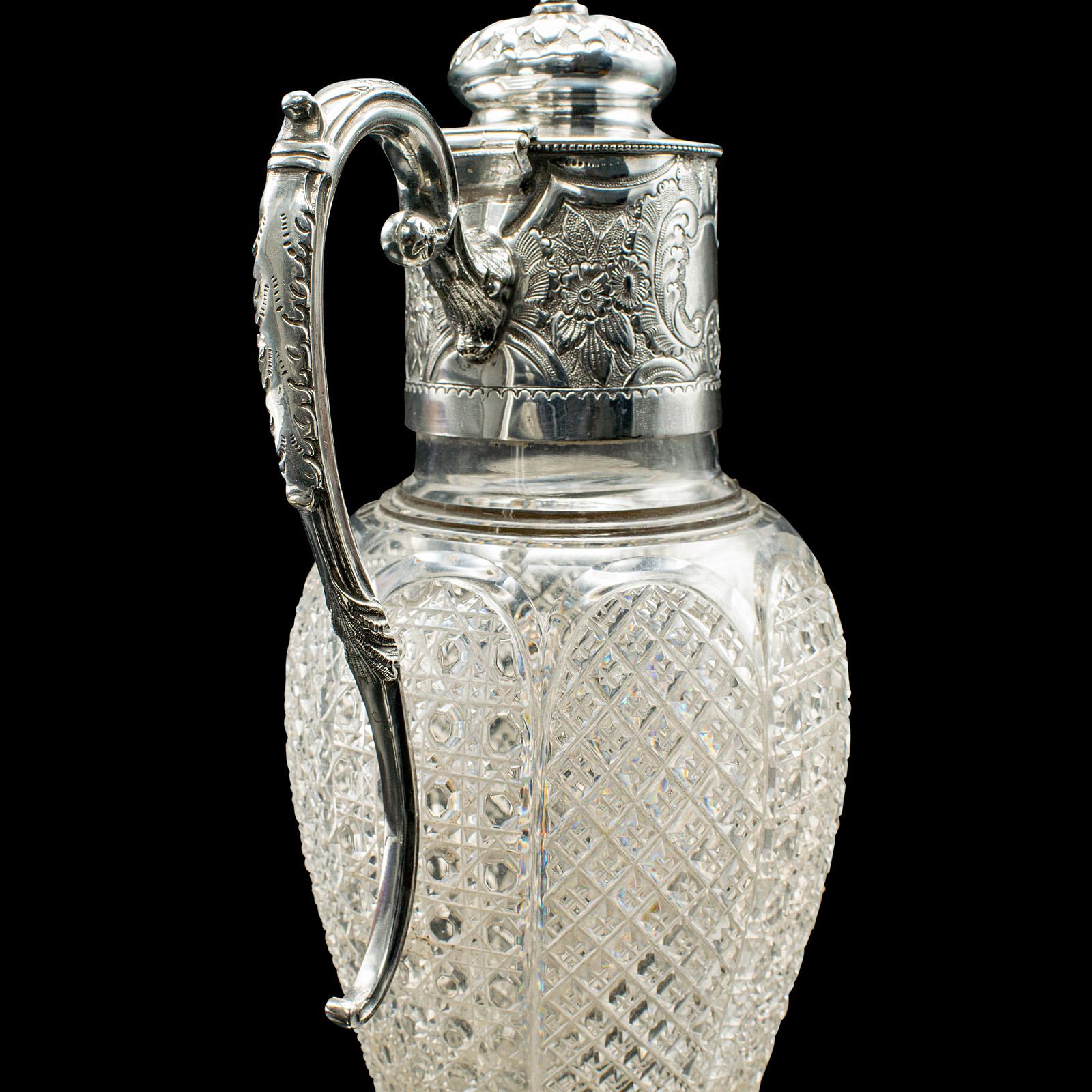 Jarra de Vino de Postre Antigua, Inglesa, Cristal, Placa de Plata, Aguamanil de Servir, Victoriana en venta 5
