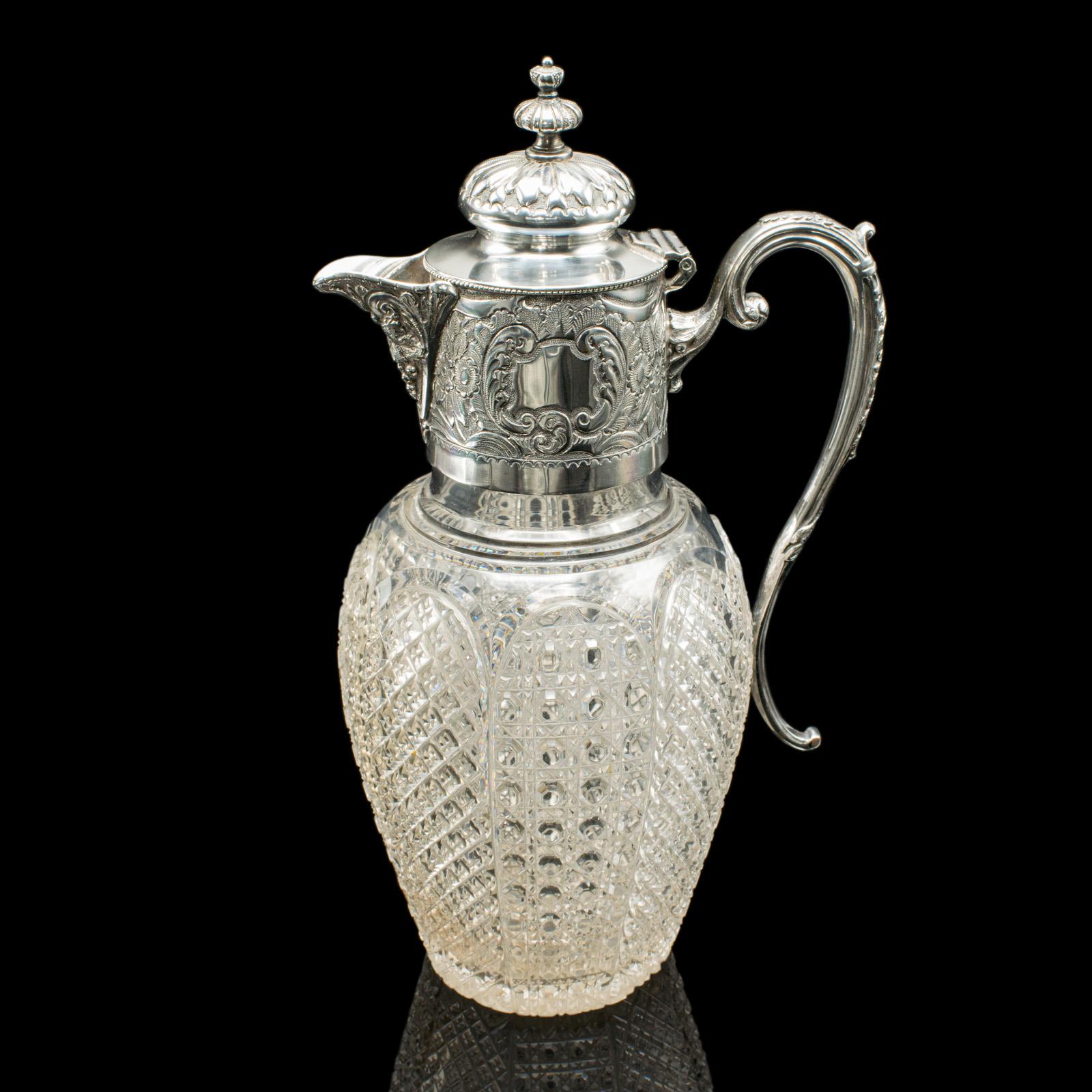 Jarra de Vino de Postre Antigua, Inglesa, Cristal, Placa de Plata, Aguamanil de Servir, Victoriana siglo XIX en venta