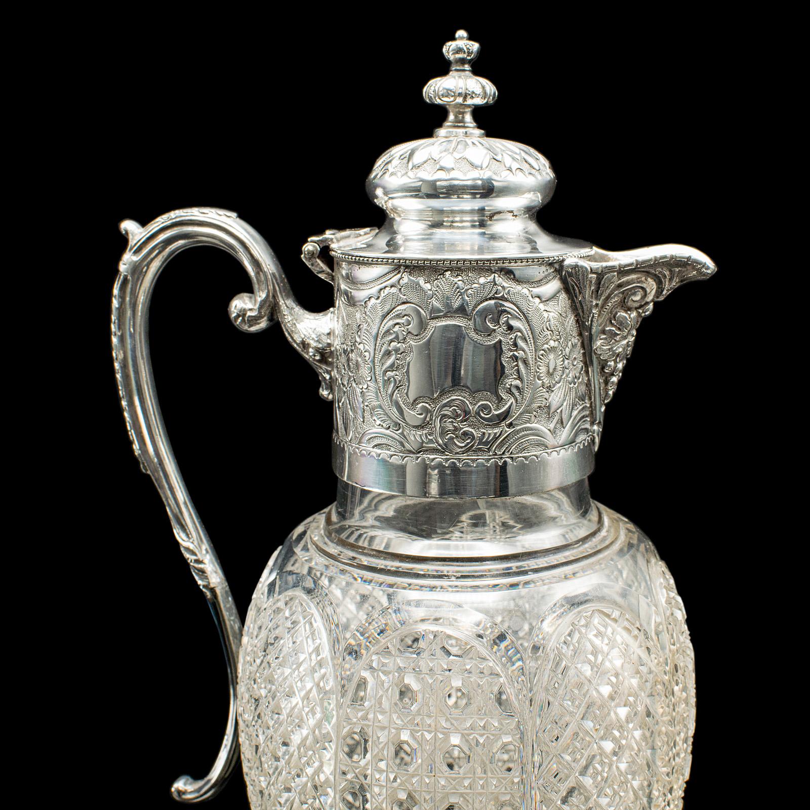 Jarra de Vino de Postre Antigua, Inglesa, Cristal, Placa de Plata, Aguamanil de Servir, Victoriana en venta 2