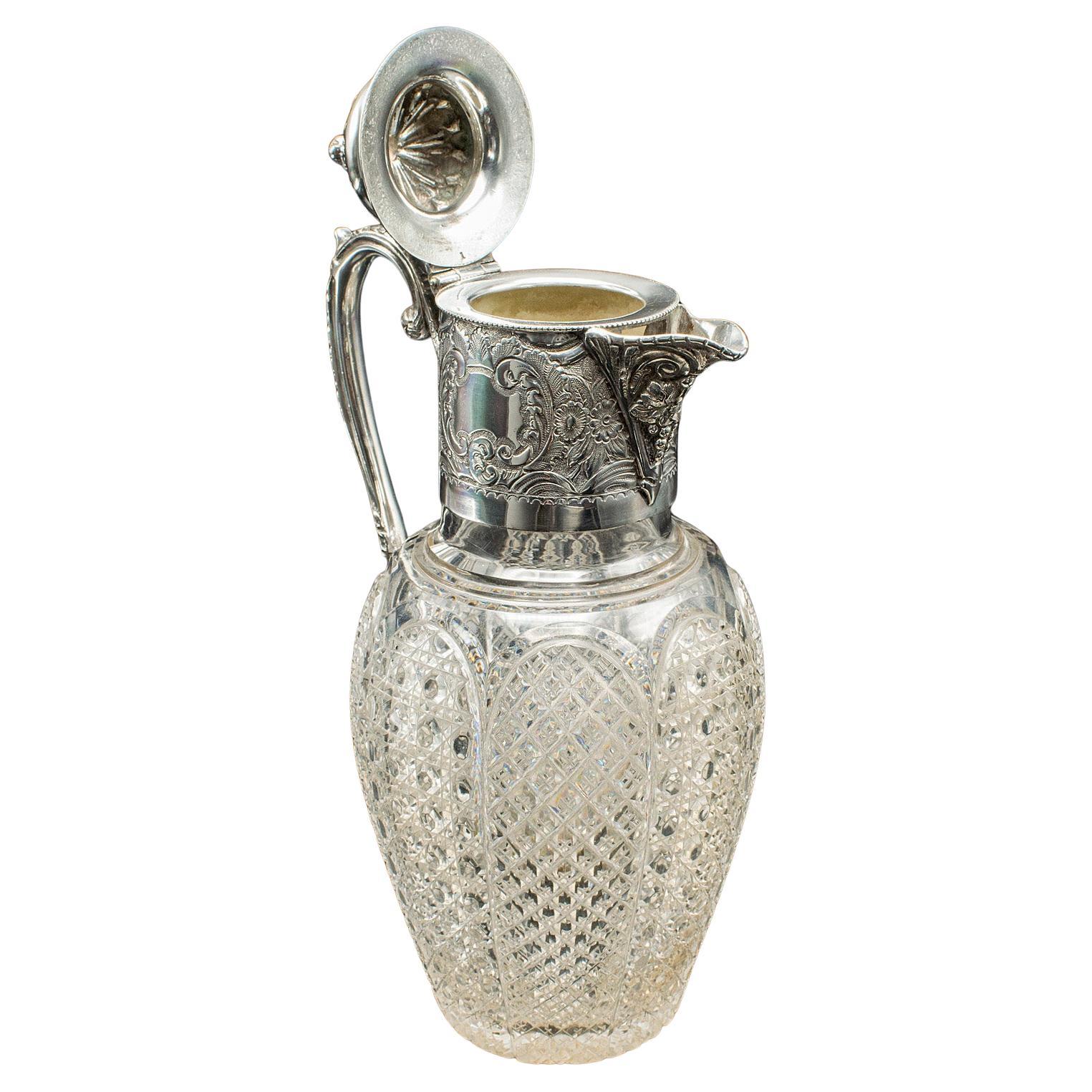 Jarra de Vino de Postre Antigua, Inglesa, Cristal, Placa de Plata, Aguamanil de Servir, Victoriana en venta