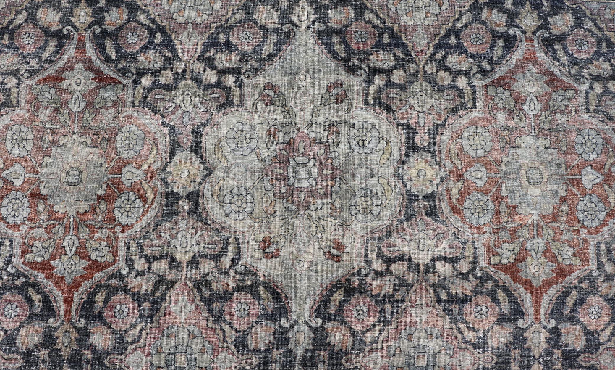 Antique Destressed Persian Yazd Rug in Charcoal, Copper, Warm Gray, Taupe & Rose For Sale 1