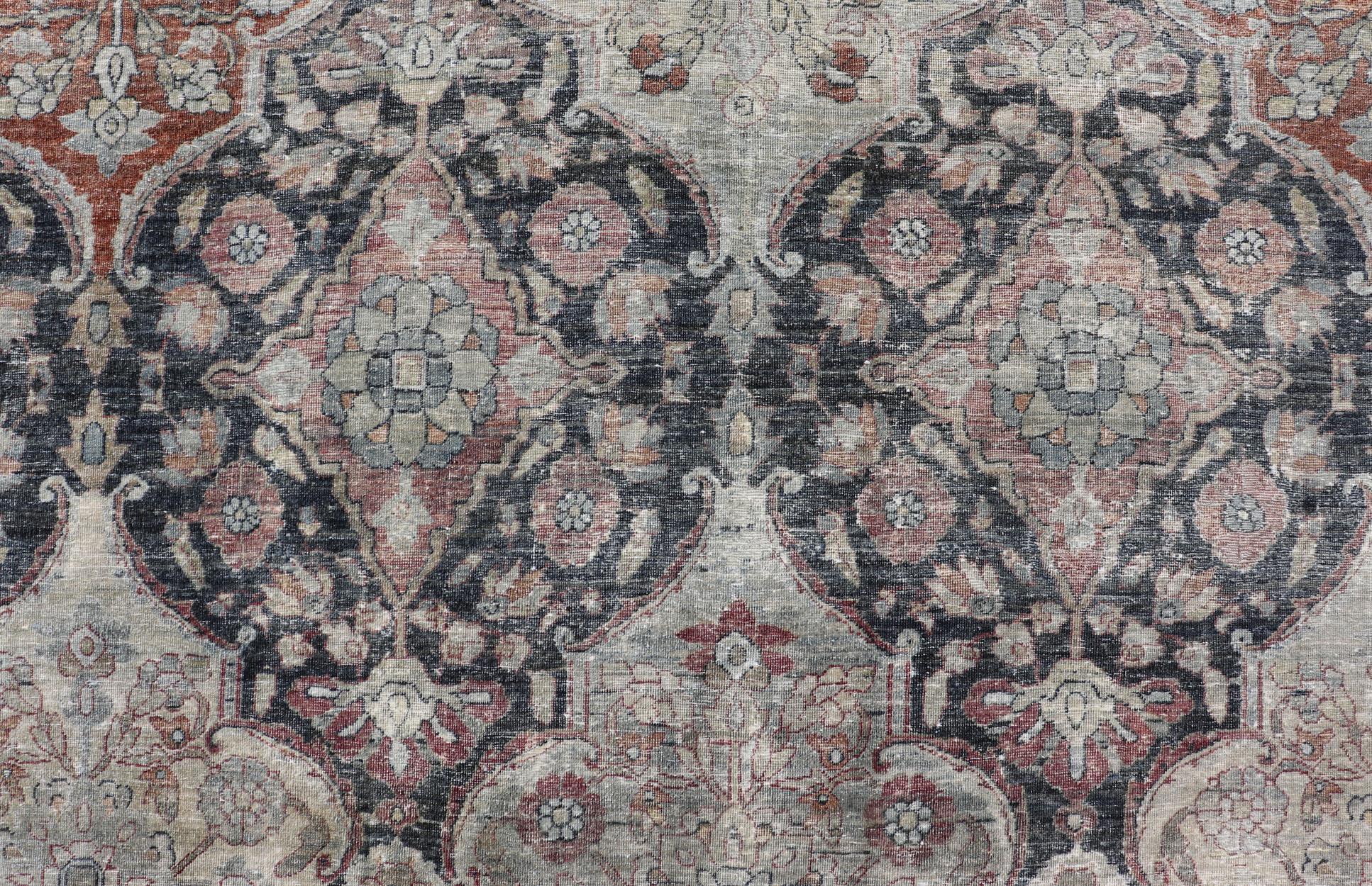 Antique Destressed Persian Yazd Rug in Charcoal, Copper, Warm Gray, Taupe & Rose For Sale 2