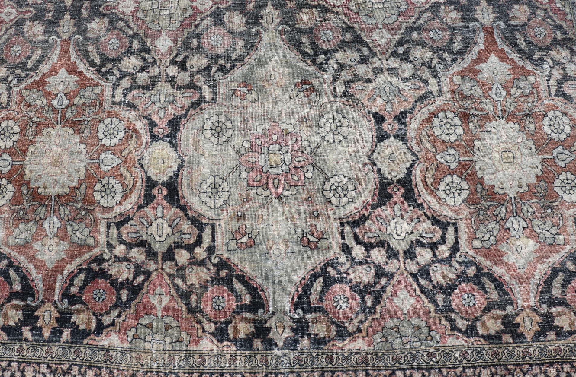 Antique Destressed Persian Yazd Rug in Charcoal, Copper, Warm Gray, Taupe & Rose For Sale 3