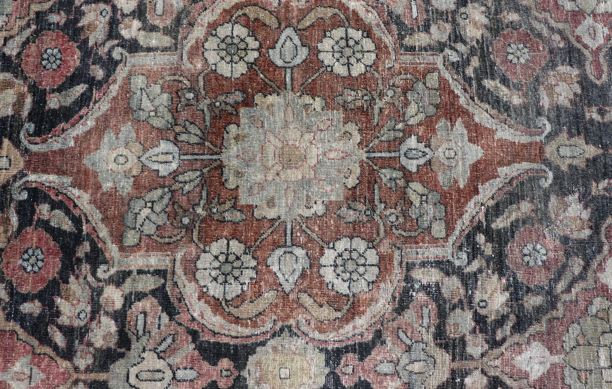 Antique Destressed Persian Yazd Rug in Charcoal, Copper, Warm Gray, Taupe & Rose For Sale 4