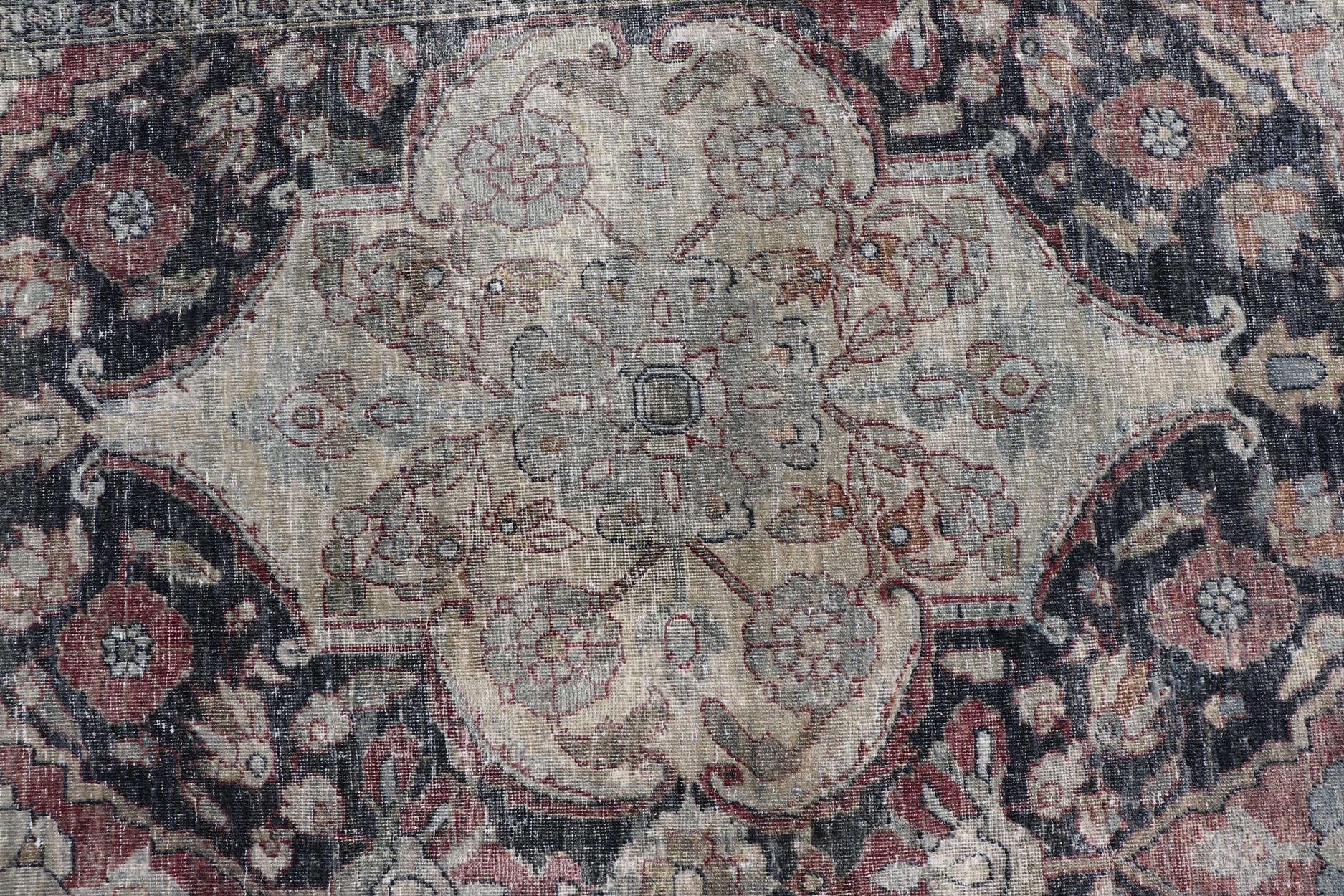 Antique Destressed Persian Yazd Rug in Charcoal, Copper, Warm Gray, Taupe & Rose For Sale 5