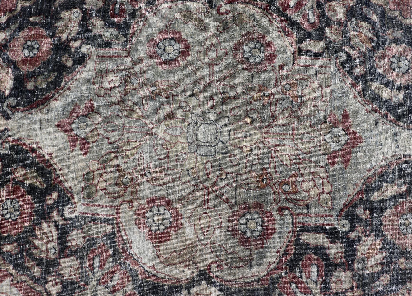Antique Destressed Persian Yazd Rug in Charcoal, Copper, Warm Gray, Taupe & Rose For Sale 6