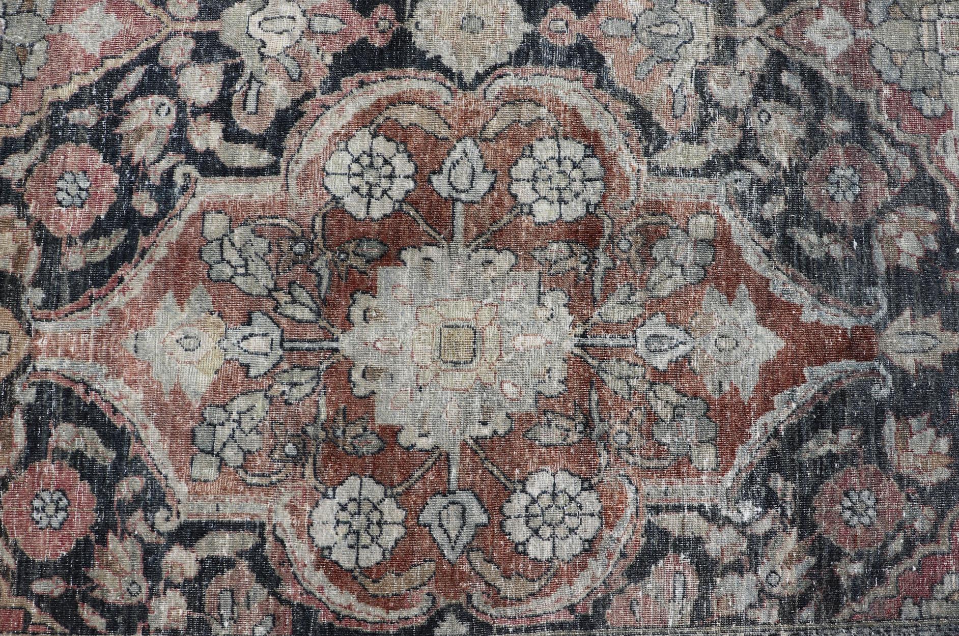 Antique Destressed Persian Yazd Rug in Charcoal, Copper, Warm Gray, Taupe & Rose For Sale 7