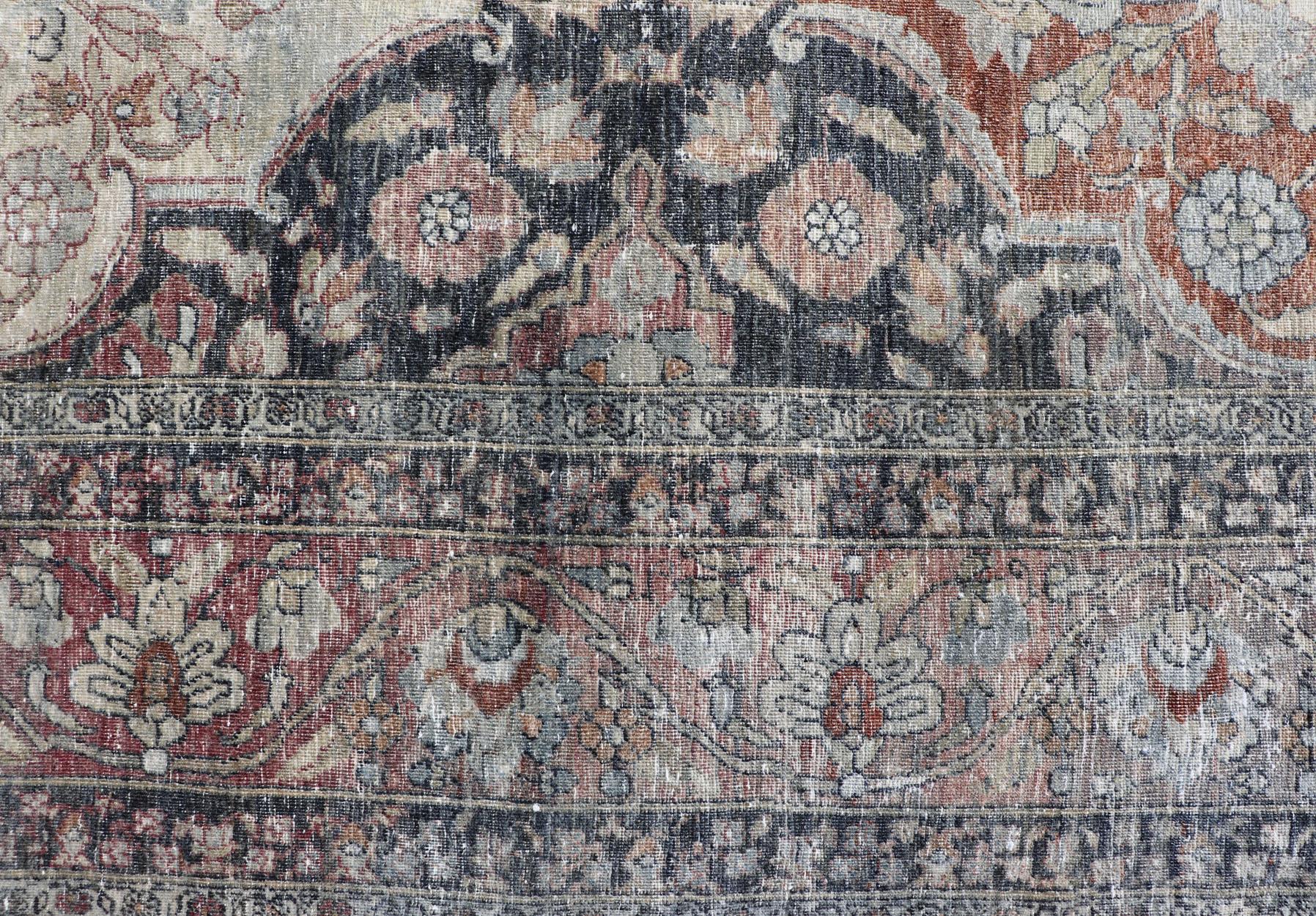 Antique Destressed Persian Yazd Rug in Charcoal, Copper, Warm Gray, Taupe & Rose For Sale 8