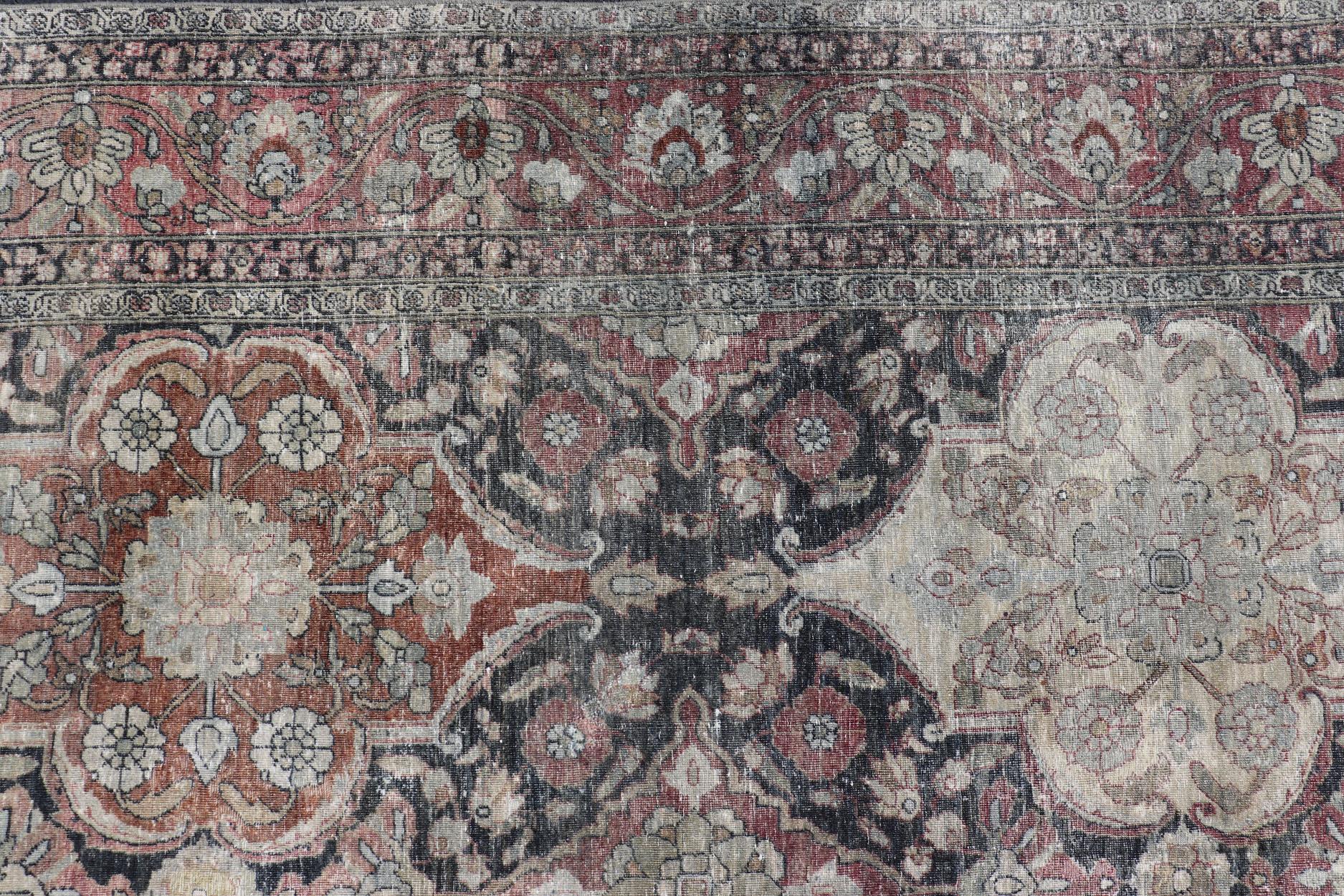 Antique Destressed Persian Yazd Rug in Charcoal, Copper, Warm Gray, Taupe & Rose For Sale 9