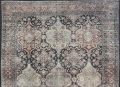 Antique Destressed Persian Yazd Rug in Charcoal, Copper, Warm Gray, Taupe & Rose