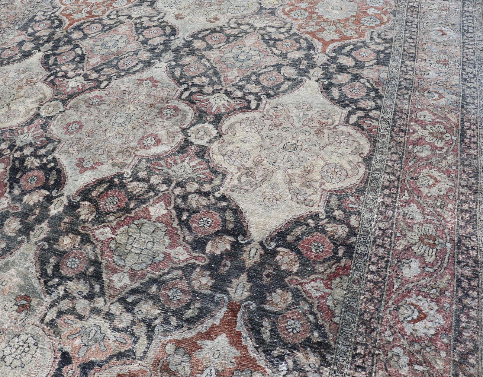 Tabriz Antique Destressed Persian Yazd Rug in Charcoal, Copper, Warm Gray, Taupe & Rose For Sale