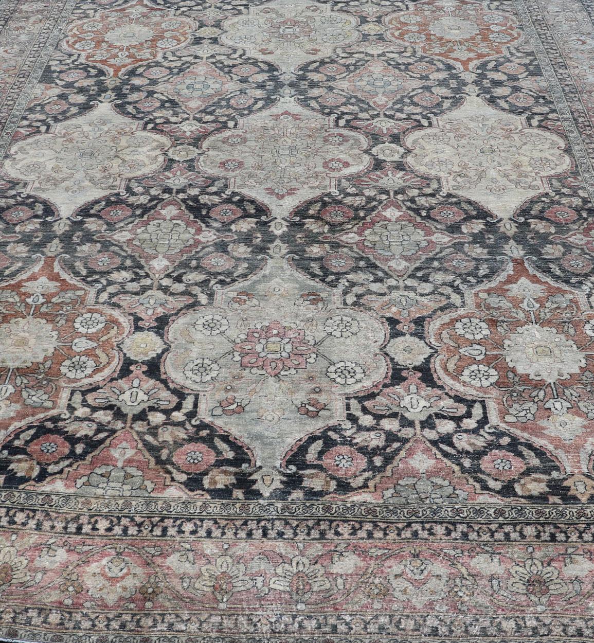 Hand-Knotted Antique Destressed Persian Yazd Rug in Charcoal, Copper, Warm Gray, Taupe & Rose For Sale