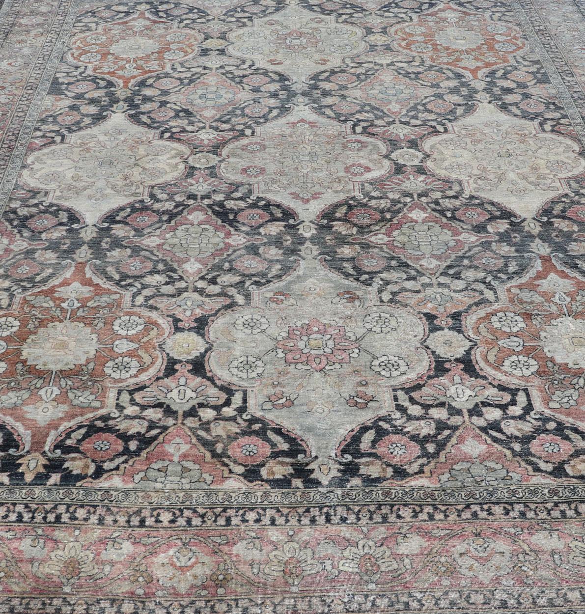 Antique Destressed Persian Yazd Rug in Charcoal, Copper, Warm Gray, Taupe & Rose In Distressed Condition For Sale In Atlanta, GA