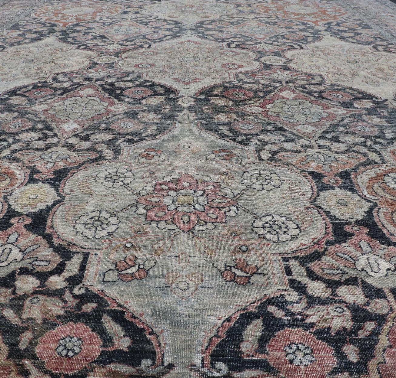 20th Century Antique Destressed Persian Yazd Rug in Charcoal, Copper, Warm Gray, Taupe & Rose For Sale