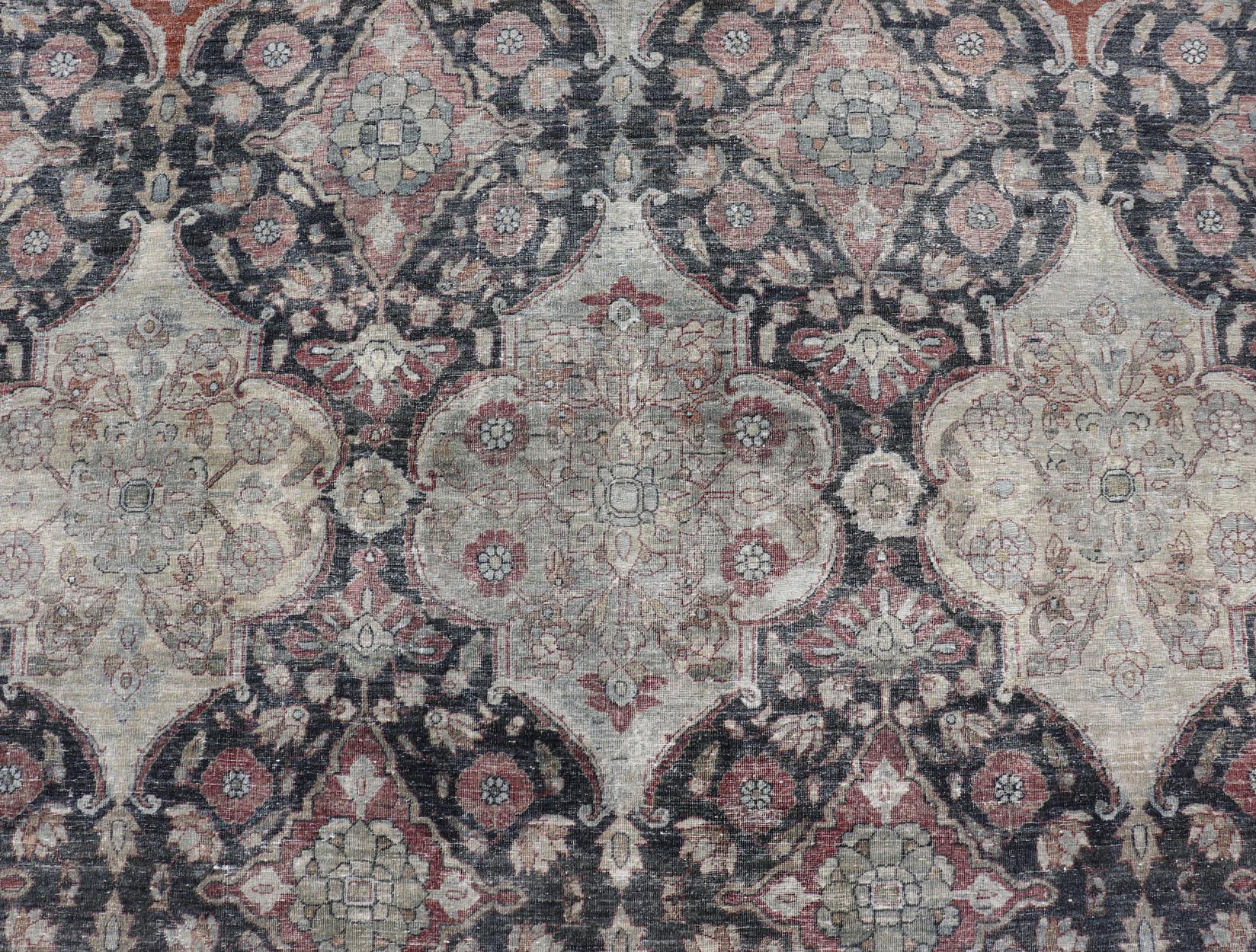 Wool Antique Destressed Persian Yazd Rug in Charcoal, Copper, Warm Gray, Taupe & Rose For Sale