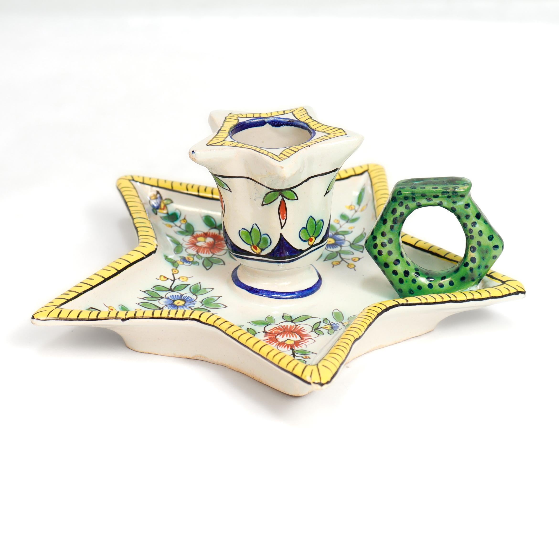 Antique Desvres Faïence Pottery Chamberstick by Charles Fourmaintraux-Courquin In Good Condition For Sale In Philadelphia, PA