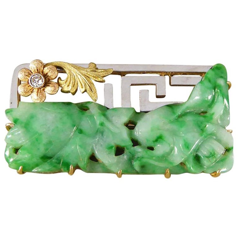 Antique Detailed Jade Brooch with Diamonds in 18 Carat Gold at 1stDibs