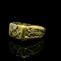Antique Detailed Solid Yellow Gold Diamond Highly Detailed Masonic Mason Ring