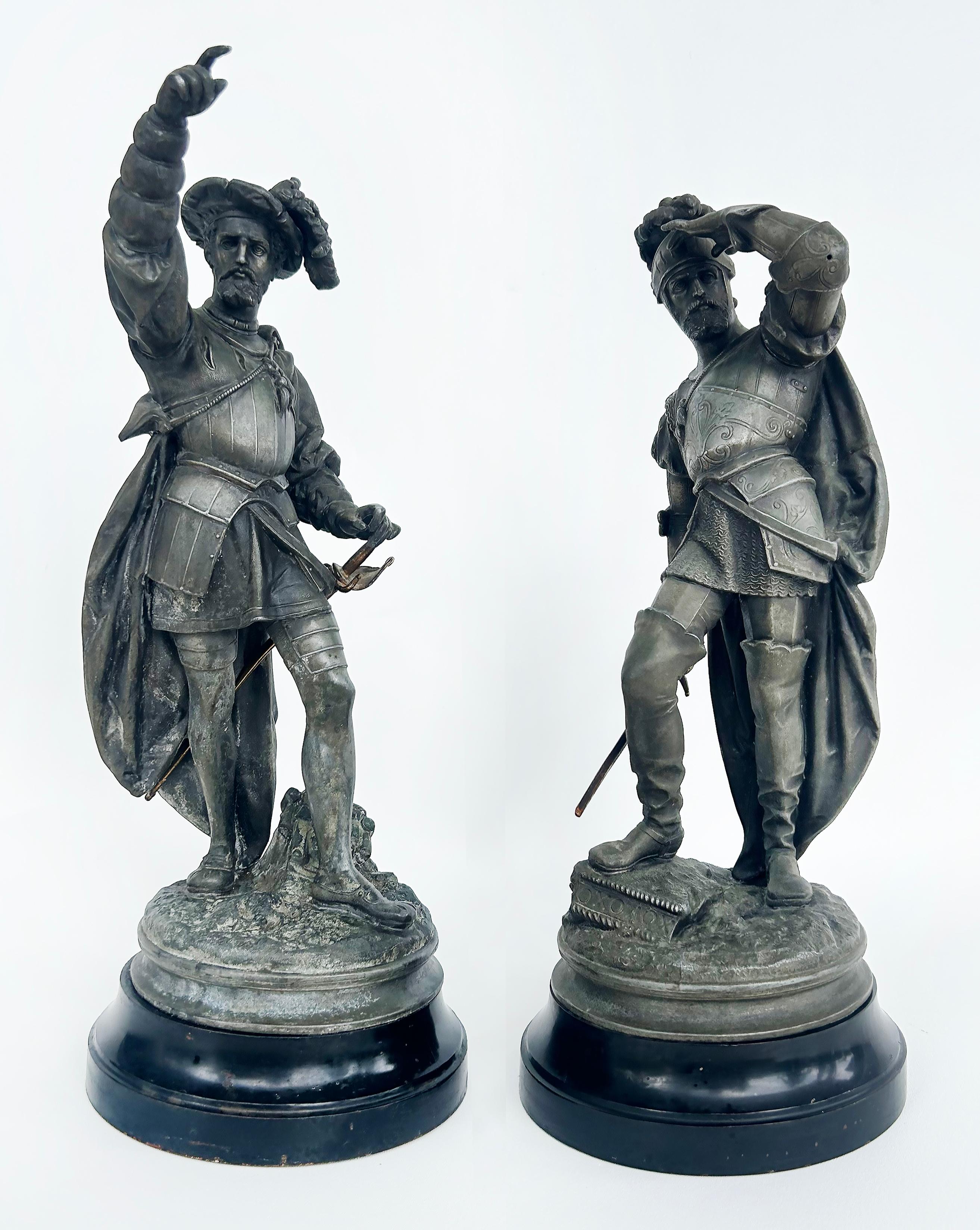 Antique Detailed Spelter Statues of Spanish Conquistadors, Pair

Offered for sale is a fine quality pair of antique cast white metal (Spelter) statues of Spanish conquistadors depicted wearing traditional explorer regalia including helmets, armor,