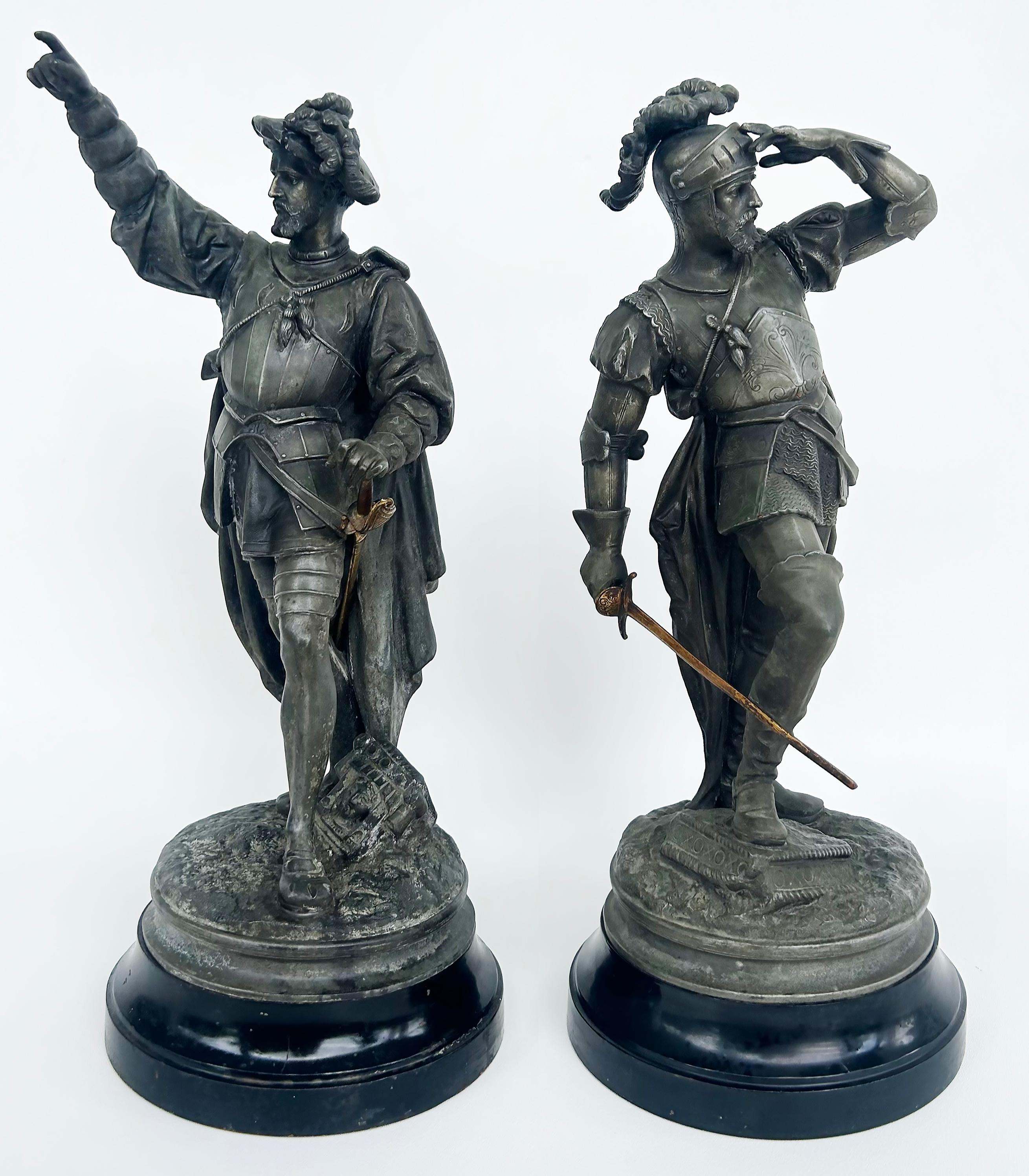 19th Century Antique Detailed Spelter Statues of Spanish Conquistadors, Pair