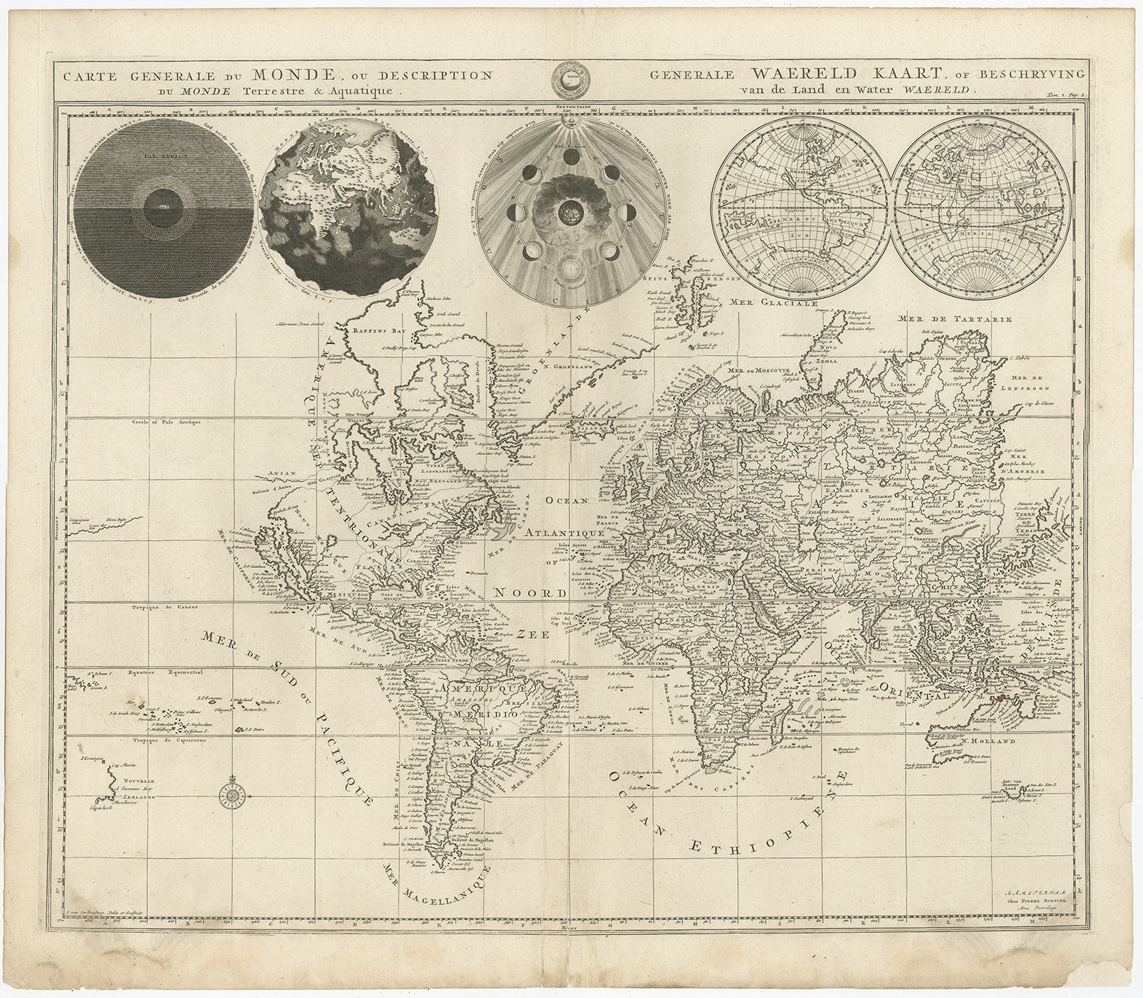 Antique world map titled 'Carte generale du monde, ou description du monde terrestre & Aquatique - Generale Waereld kaart, of beschryving van de land en water waereld'. This is Pierre Mortier's world map drawn on Mercator's projection. It depicts