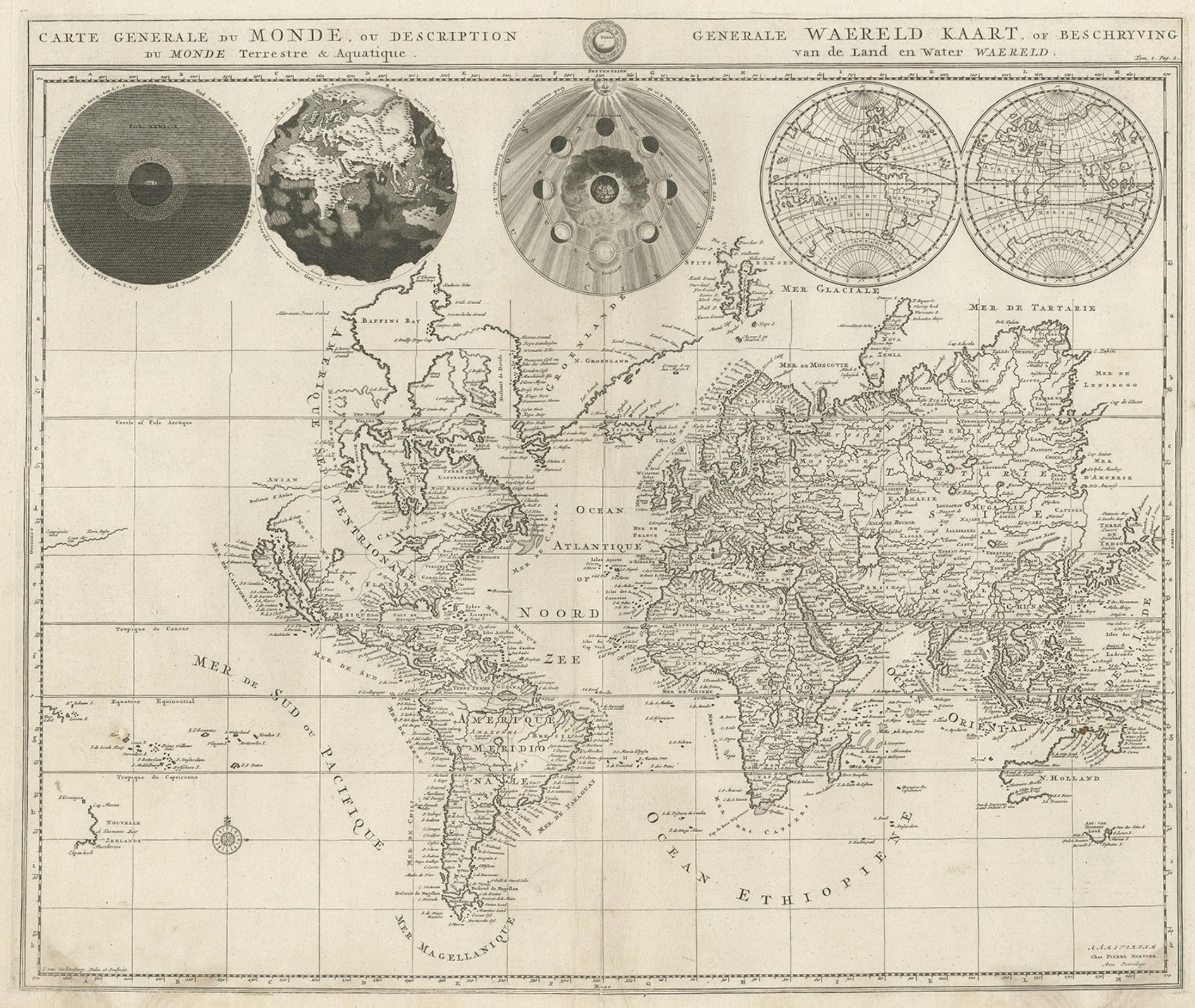Carte du monde antique détaillée dessinée sur Mercator's Projection, 1700 Bon état - En vente à Langweer, NL
