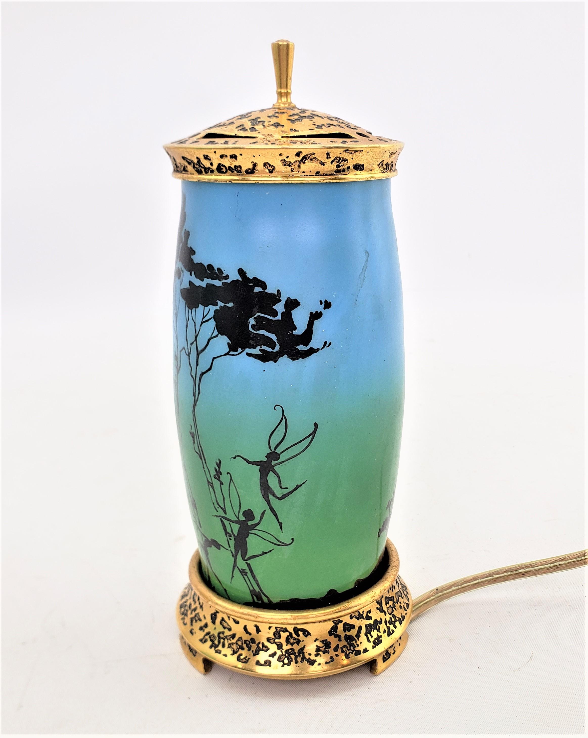 American Antique DeVilbiss Bronze & Enameled Art Glass Perfume Lamp with Dancing Pixies
