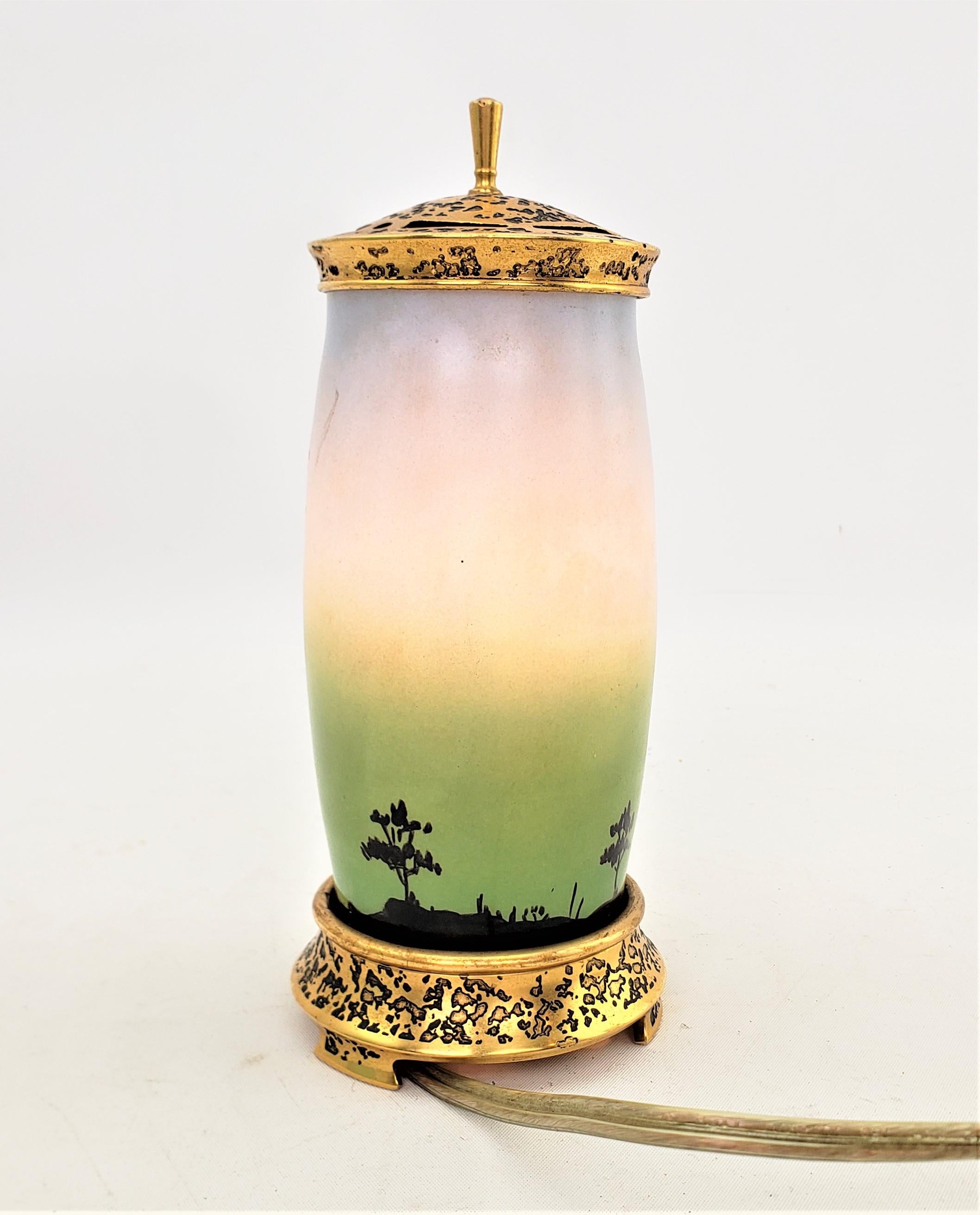 Antique DeVilbiss Bronze & Enameled Art Glass Perfume Lamp with Dancing Pixies In Good Condition In Hamilton, Ontario