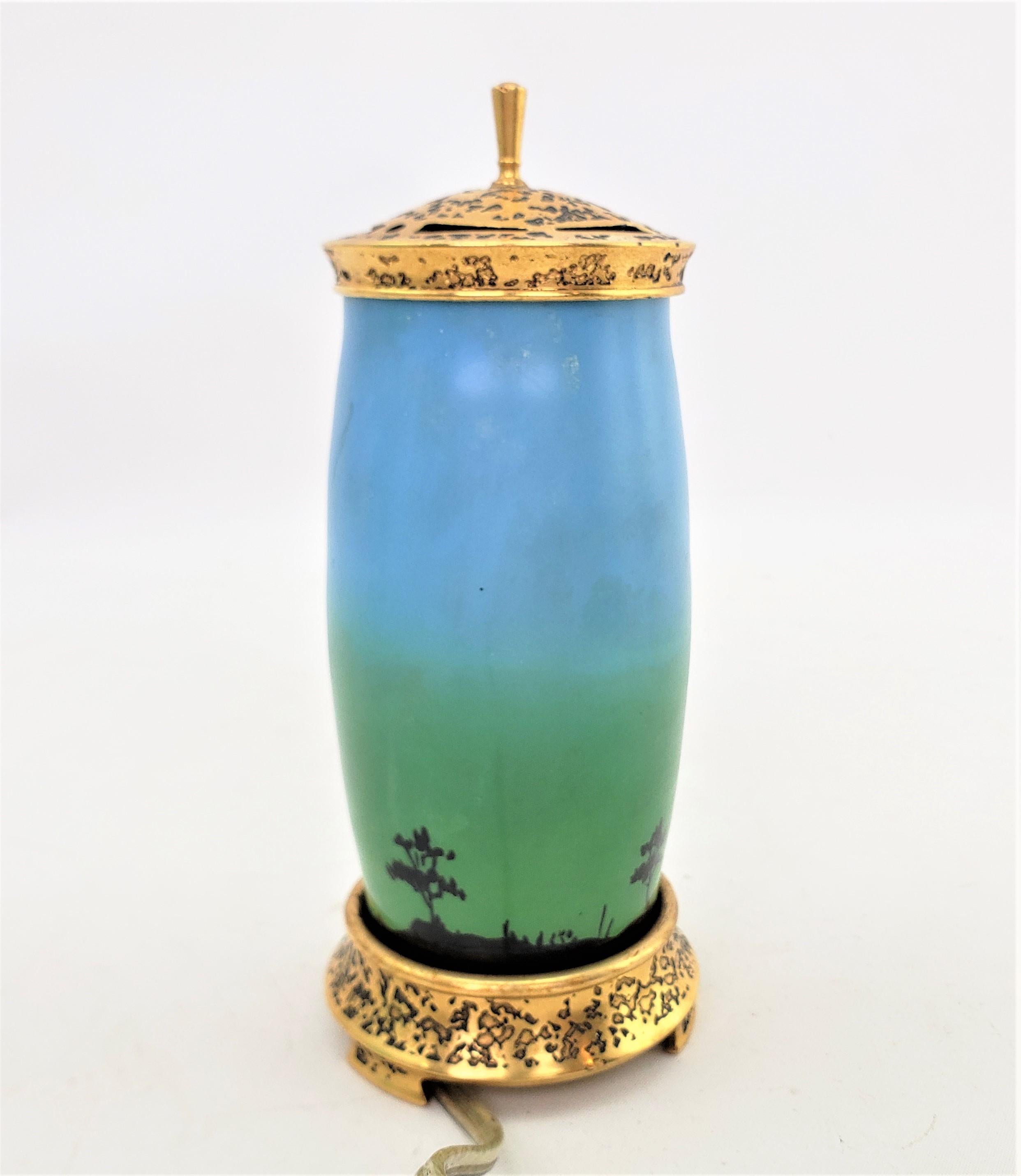20th Century Antique DeVilbiss Bronze & Enameled Art Glass Perfume Lamp with Dancing Pixies