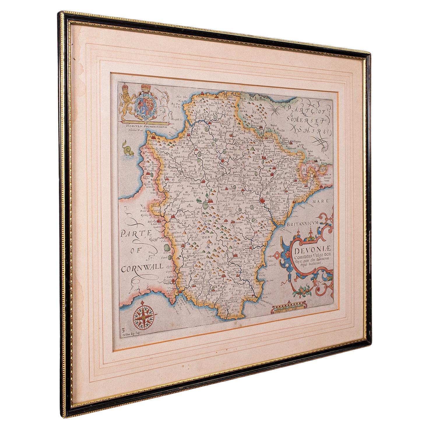 Antique Devon County Map, English, Framed 17th Century Atlas Cartography, C.1650