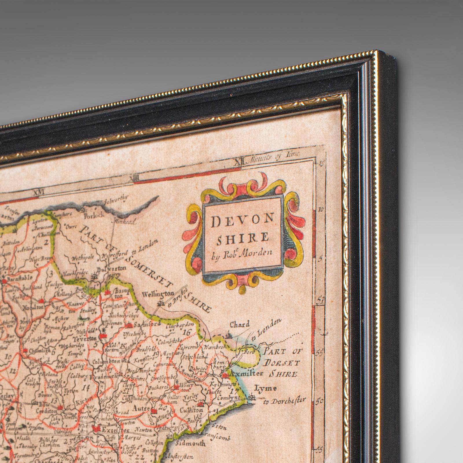 Georgiano Antique Devonshire Map, English Framed Robert Morden Devon Cartography, Georgian in vendita