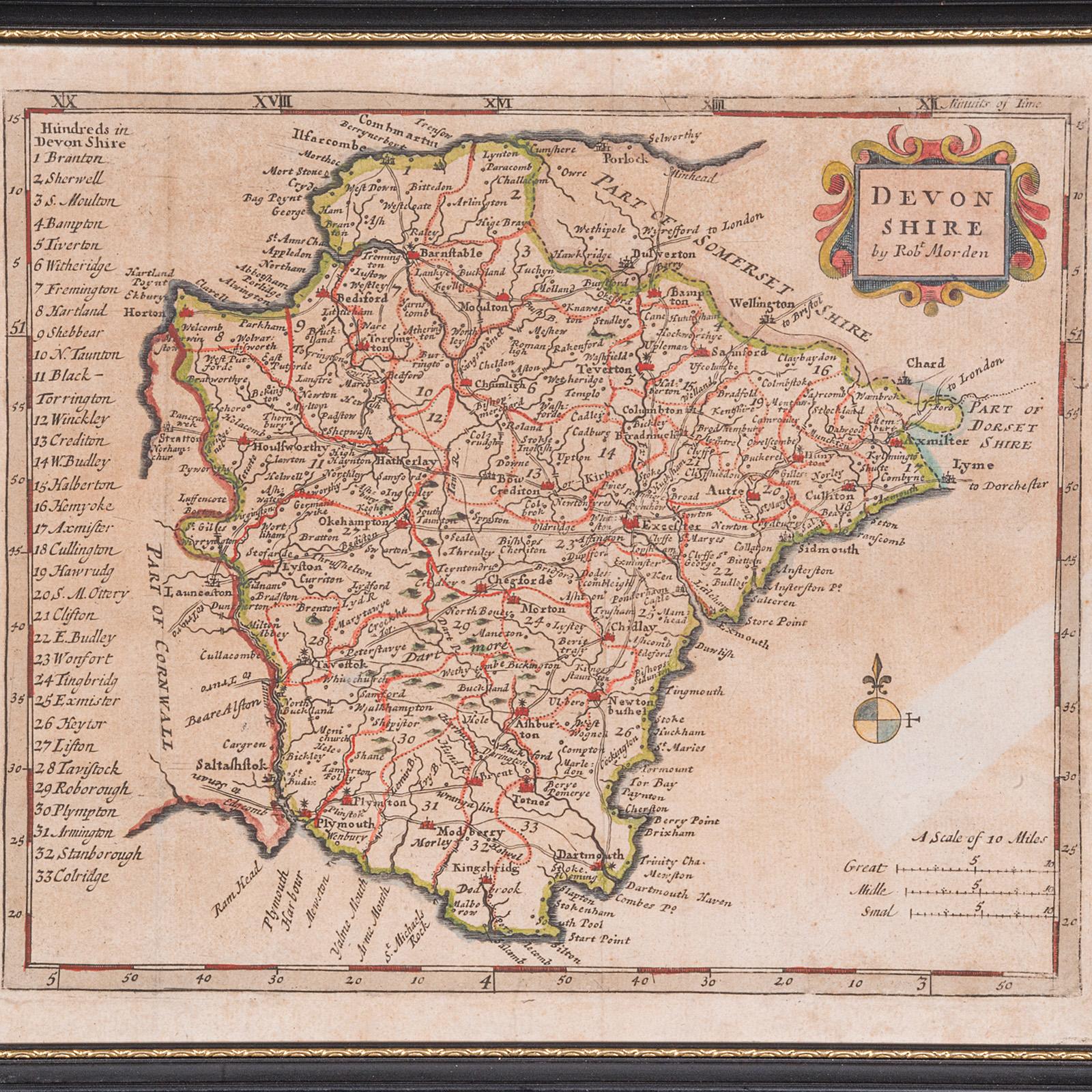 Britannico Antique Devonshire Map, English Framed Robert Morden Devon Cartography, Georgian in vendita