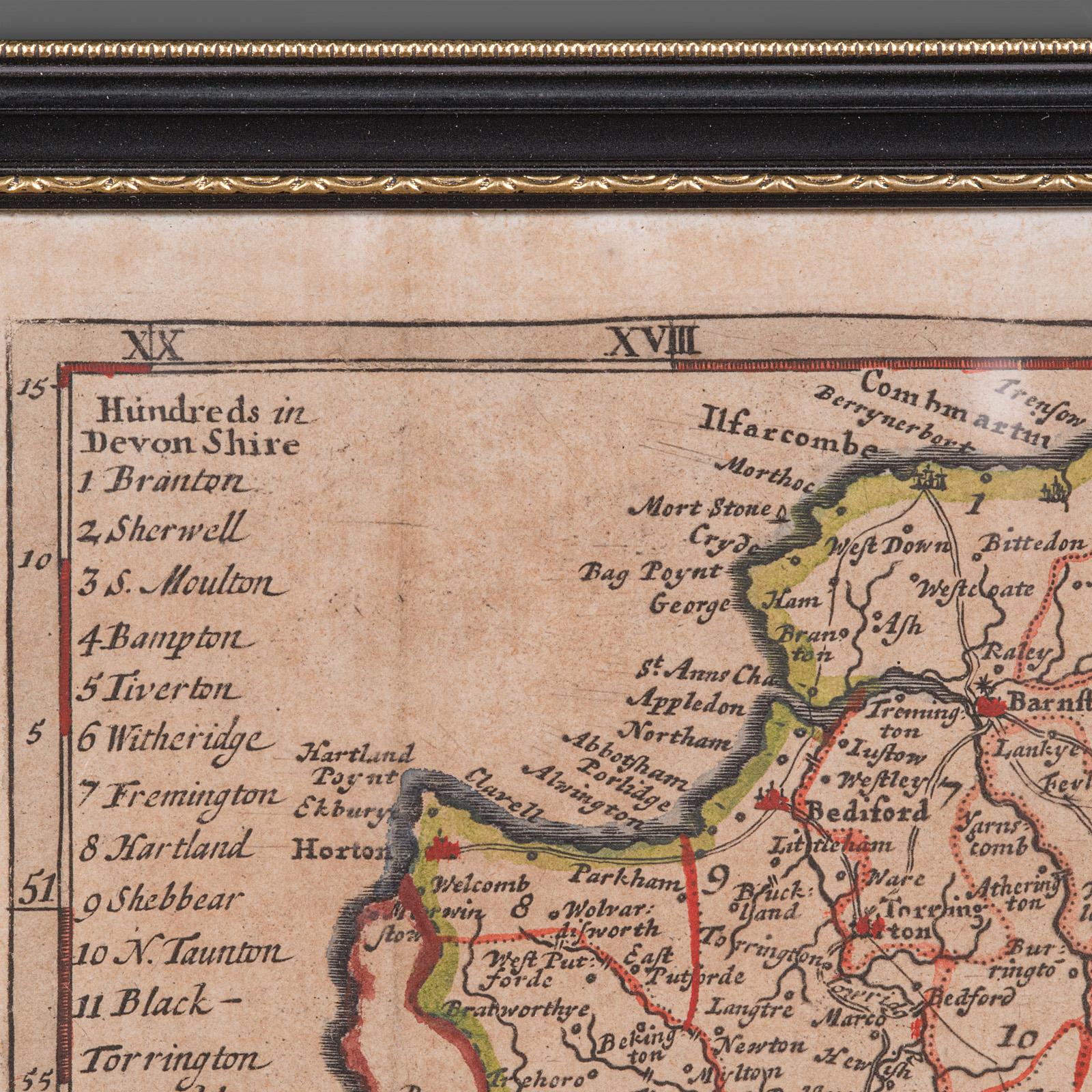 Inizio XVIII secolo Antique Devonshire Map, English Framed Robert Morden Devon Cartography, Georgian in vendita