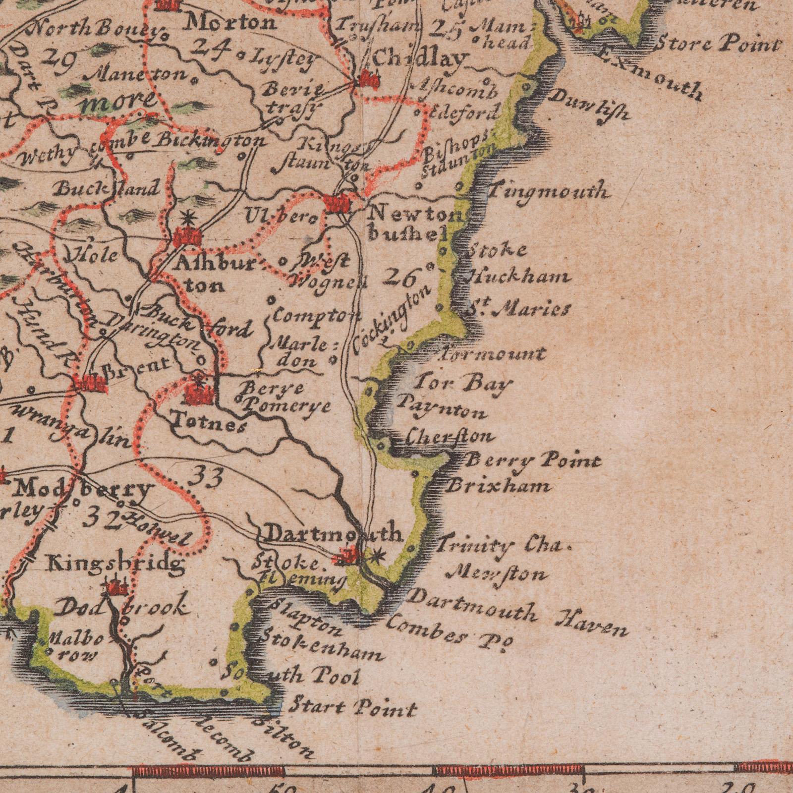 Antique Devonshire Map, English Framed Robert Morden Devon Cartography, Georgian in vendita 1