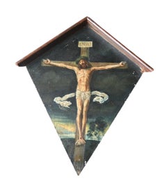 Antique Devotional Painting – Crucifixion Of Christ, Anton Brugger, Munich