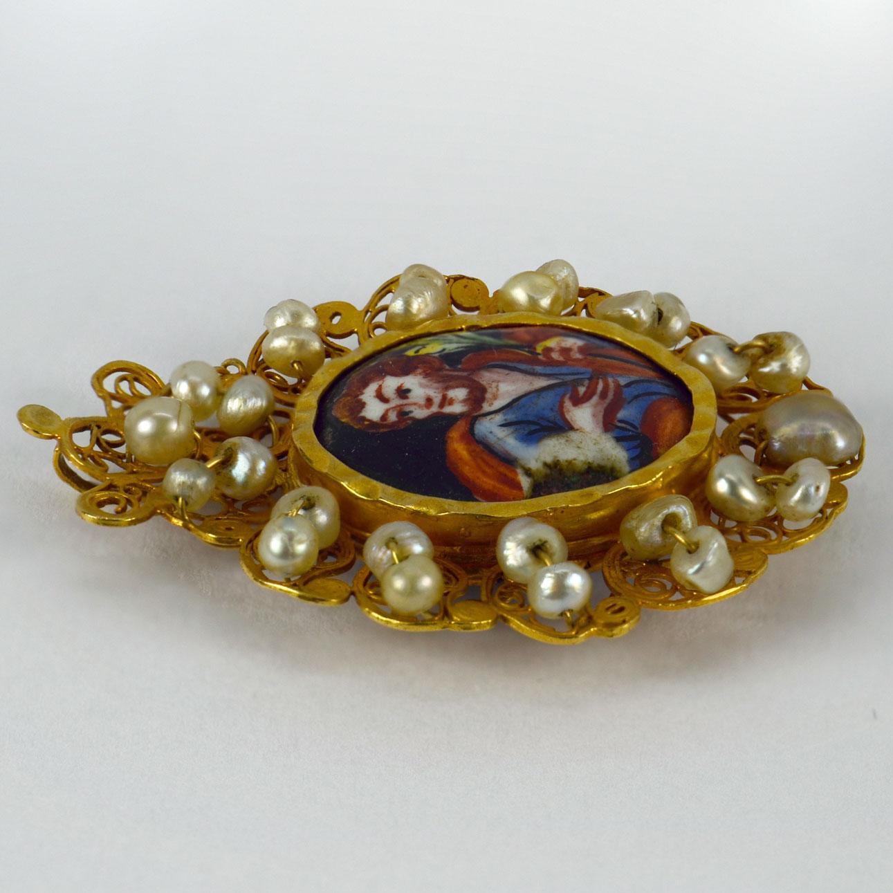 Antique Devotional Saint Joseph Yellow Gold Pearl Enamel Pendant In Fair Condition For Sale In London, GB
