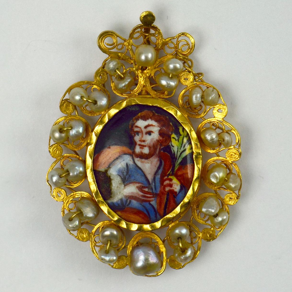 Women's or Men's Antique Devotional Saint Joseph Yellow Gold Pearl Enamel Pendant For Sale