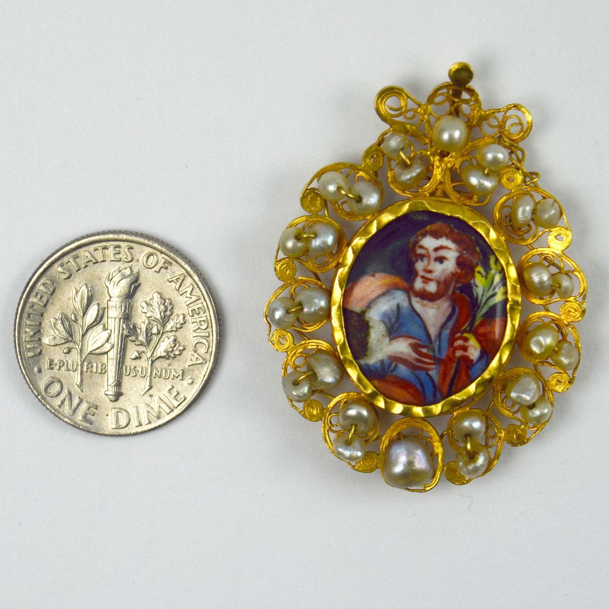 Antique Devotional Saint Joseph Yellow Gold Pearl Enamel Pendant For Sale 2
